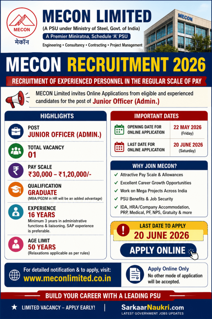 MECON Junior Officer Recruitment 2026