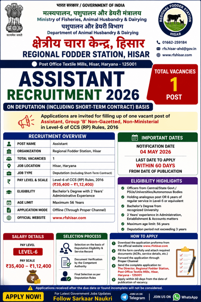 Regional Fodder Station Assistant Recruitment 2026