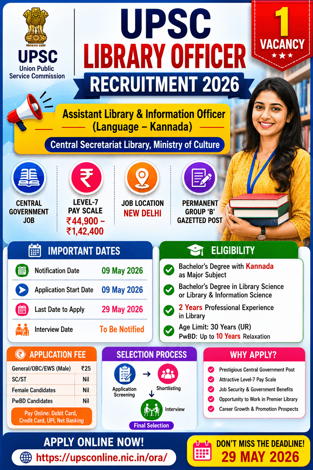 Library. Apply UPSC Library Officer Recruitment 2026 – 1 Vacancy Apply Online