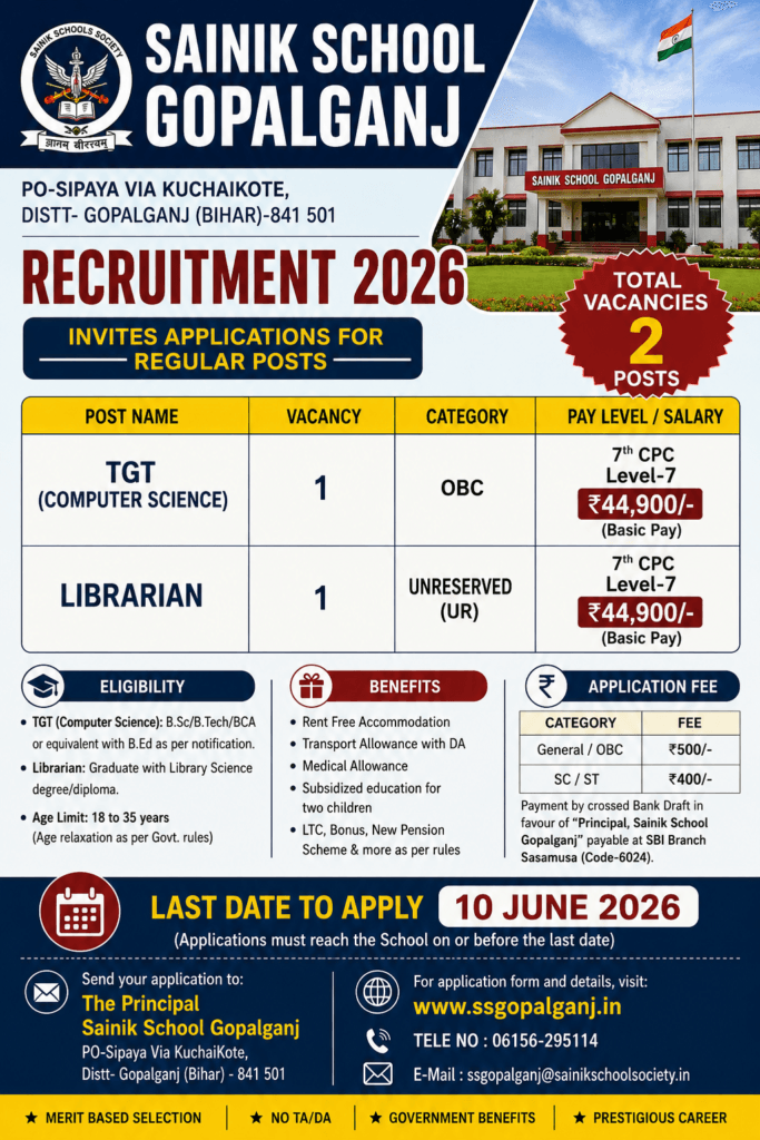 Sainik School Gopalganj Recruitment 2026