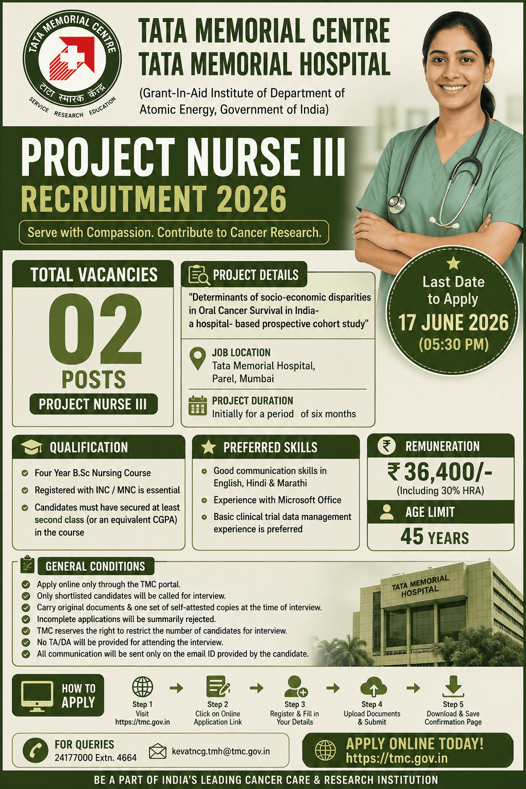 TMC Project Nurse III Recruitment 2026 – ₹36,400 Salary, 2 Posts