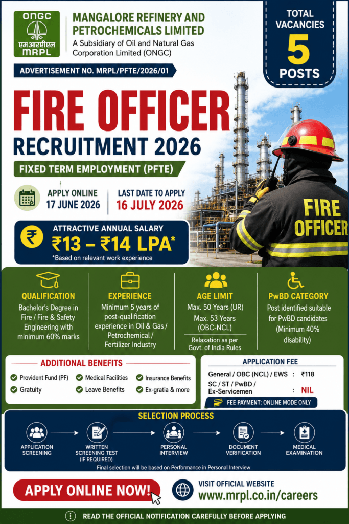 MRPL Fire Officer Recruitment 2026